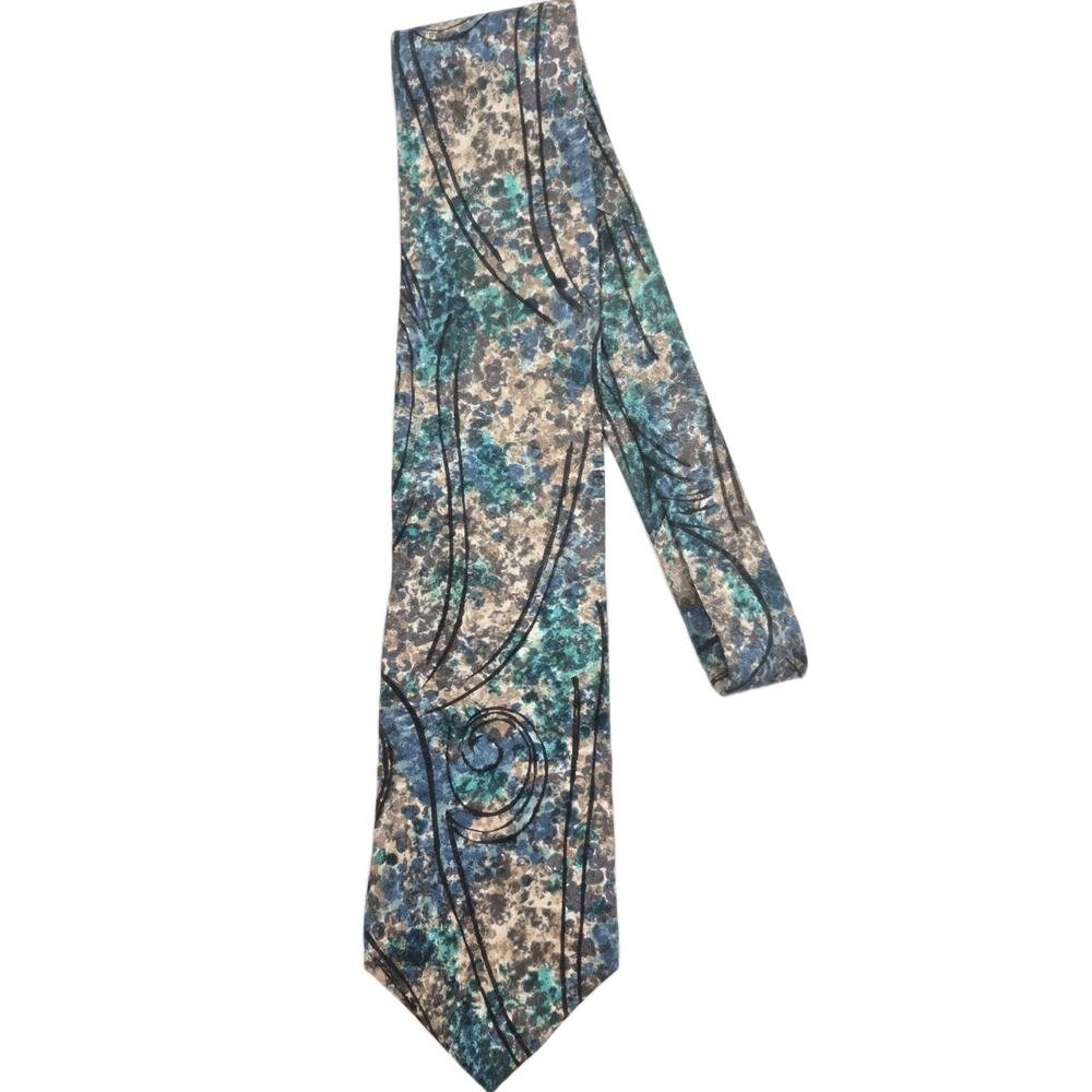 Classy Italian Silk Tie Abstract Swirl Design Blue Green Black 3.8x56" US Made